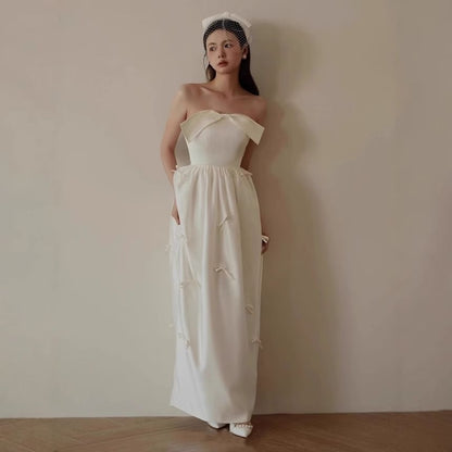 Strapless Plain Bow Accent Slit Satin A-Line Wedding Dress