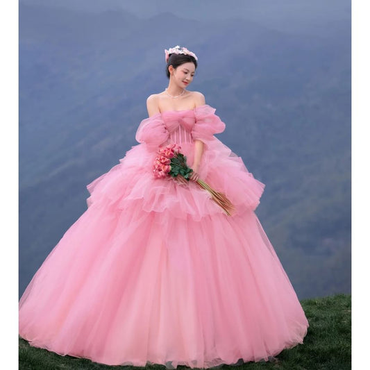 Off-Shoulder Plain Ruffle Trained Ball Gown