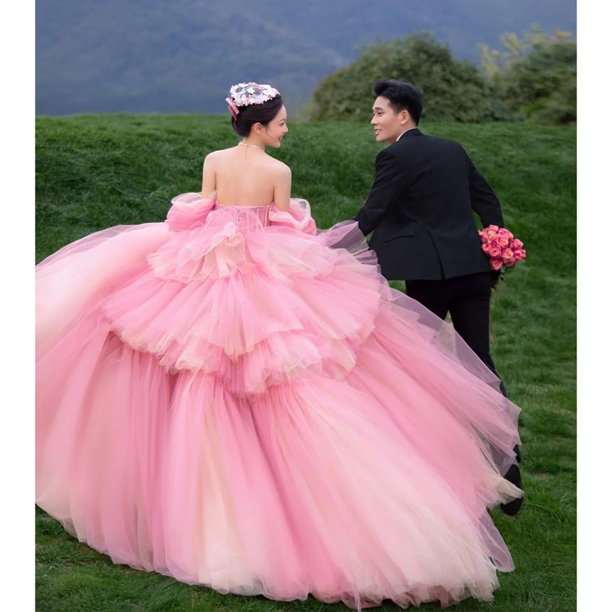 Off-Shoulder Plain Ruffle Trained Ball Gown