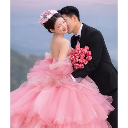 Off-Shoulder Plain Ruffle Trained Ball Gown