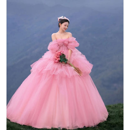 Off-Shoulder Plain Ruffle Trained Ball Gown