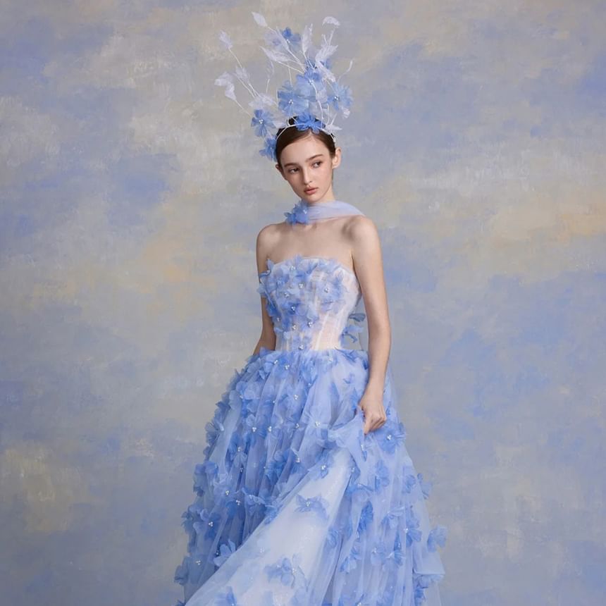 Strapless Flower Accent A-Line Evening Gown