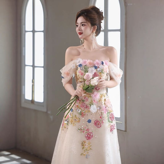 Off-Shoulder Floral Embroidered A-Line Evening Gown