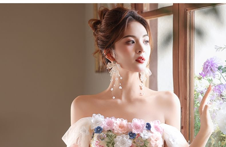 Off-Shoulder Floral Embroidered A-Line Evening Gown