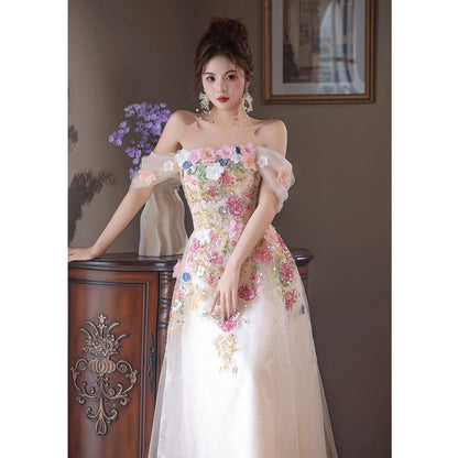 Off-Shoulder Floral Embroidered A-Line Evening Gown