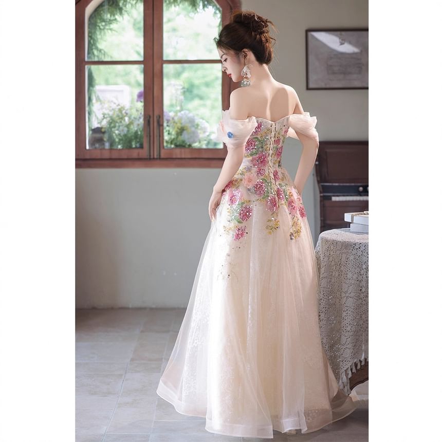 Off-Shoulder Floral Embroidered A-Line Evening Gown