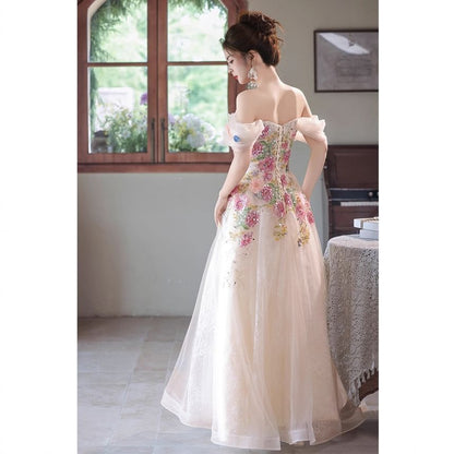 Off-Shoulder Floral Embroidered A-Line Evening Gown