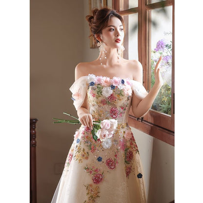 Off-Shoulder Floral Embroidered A-Line Evening Gown
