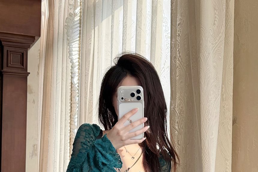 Long Sleeve Sweetheart Lace Overlay Blouse