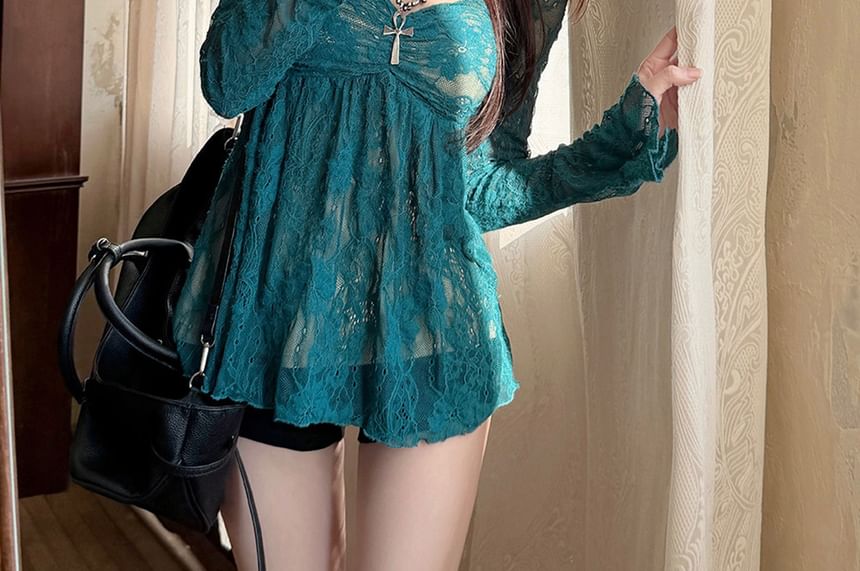 Long Sleeve Sweetheart Lace Overlay Blouse