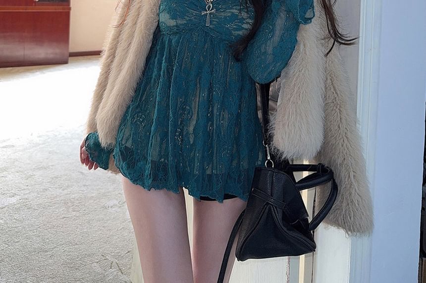 Long Sleeve Sweetheart Lace Overlay Blouse