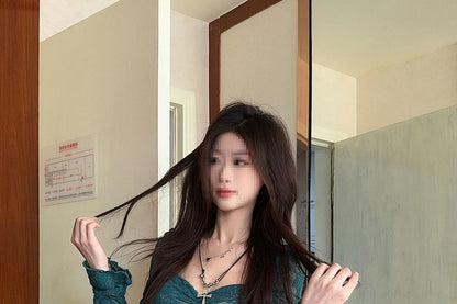 Long Sleeve Sweetheart Lace Overlay Blouse