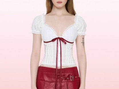 Short Sleeve V Neck Lace Trim Top