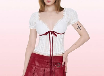 Short Sleeve V Neck Lace Trim Top