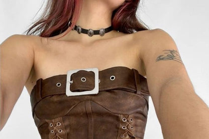 Strapless Faux Leather Buckled Lace Up Tube Top