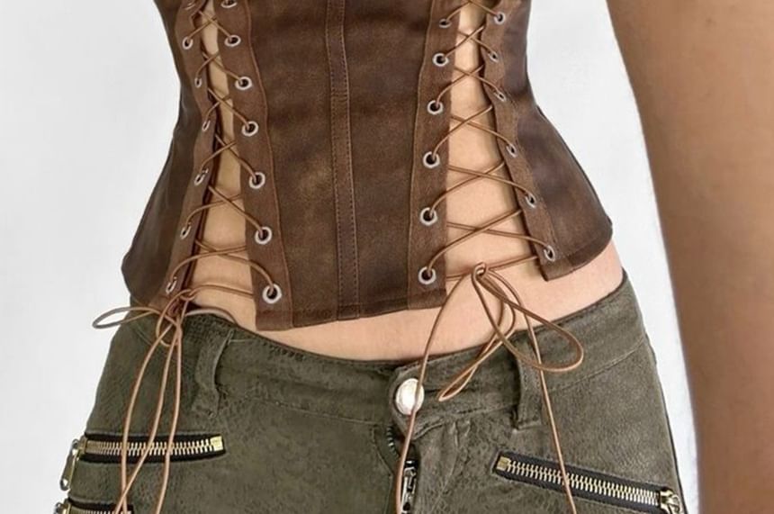 Strapless Faux Leather Buckled Lace Up Tube Top