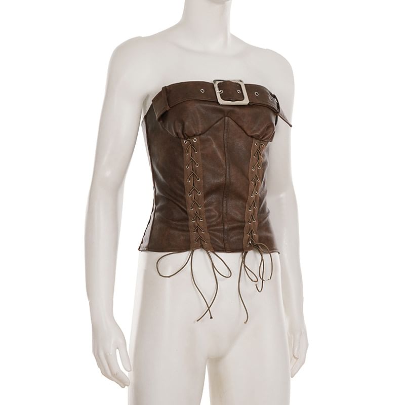 Strapless Faux Leather Buckled Lace Up Tube Top