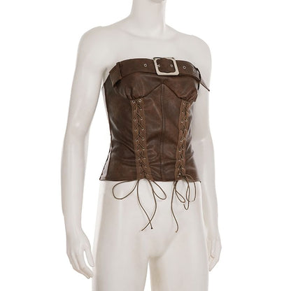Strapless Faux Leather Buckled Lace Up Tube Top