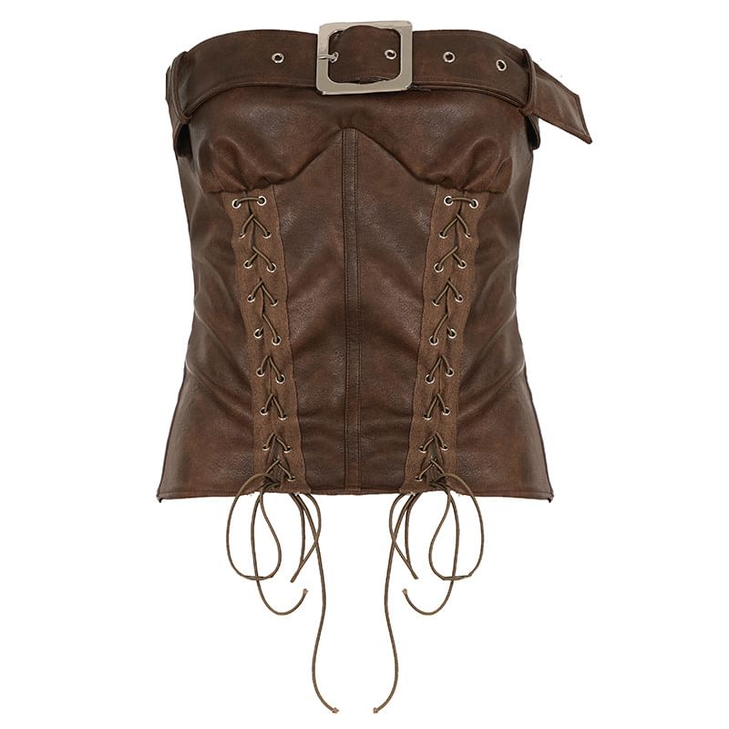 Strapless Faux Leather Buckled Lace Up Tube Top