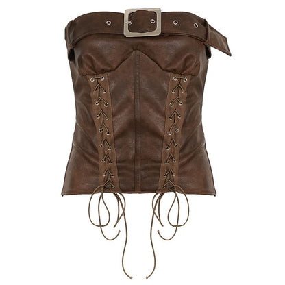 Strapless Faux Leather Buckled Lace Up Tube Top