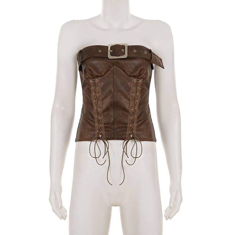 Strapless Faux Leather Buckled Lace Up Tube Top