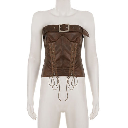 Strapless Faux Leather Buckled Lace Up Tube Top