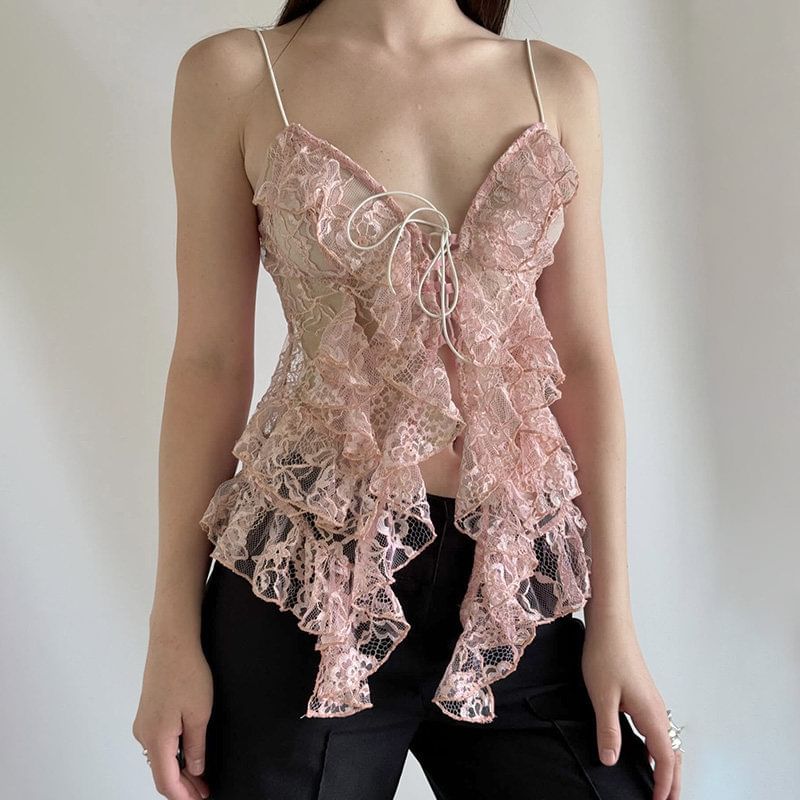 Spaghetti Strap V Neck Lace Ruffle Camisole Top