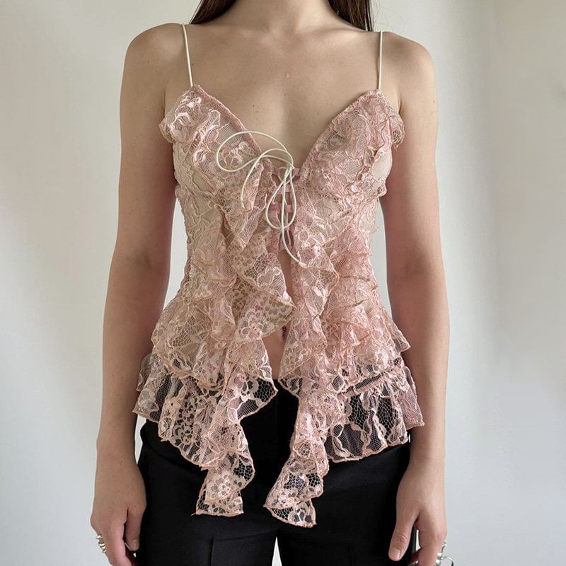 Spaghetti Strap V Neck Lace Ruffle Camisole Top