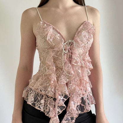 Spaghetti Strap V Neck Lace Ruffle Camisole Top
