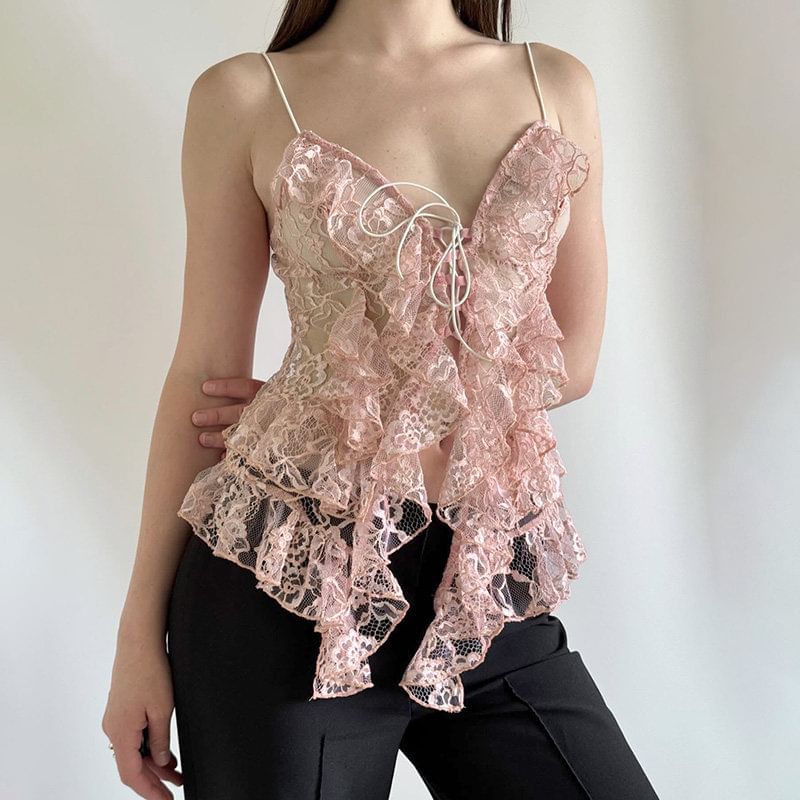 Spaghetti Strap V Neck Lace Ruffle Camisole Top