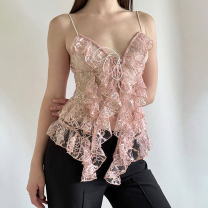 Spaghetti Strap V Neck Lace Ruffle Camisole Top