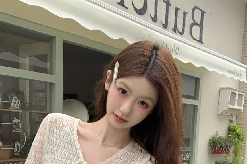 V-Neck Plain Perforated Tie Front Crop Cardigan
