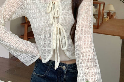 V-Neck Plain Perforated Tie Front Crop Cardigan