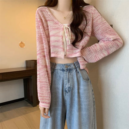 V-Neck Tie Dye Perforated Tie Front Crop Cardigan