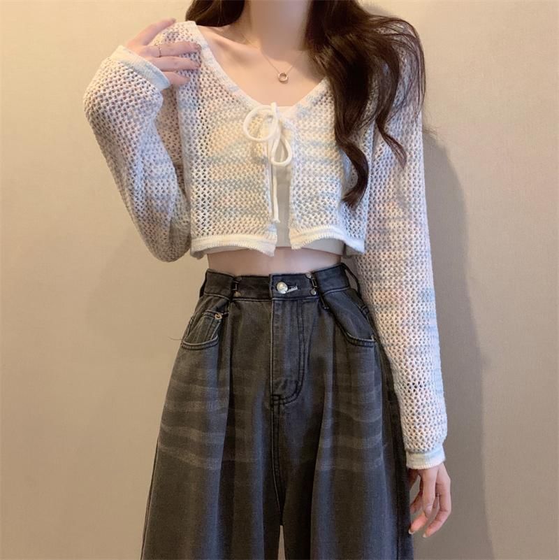 V-Neck Tie Dye Perforated Tie Front Crop Cardigan