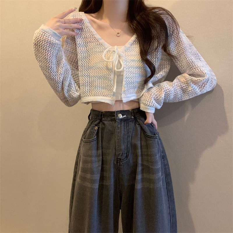 V-Neck Tie Dye Perforated Tie Front Crop Cardigan