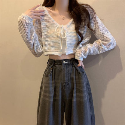 V-Neck Tie Dye Perforated Tie Front Crop Cardigan