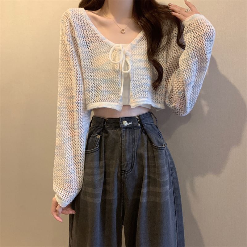 V-Neck Tie Dye Perforated Tie Front Crop Cardigan
