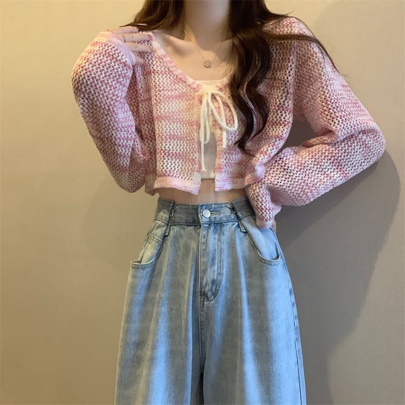 V-Neck Tie Dye Perforated Tie Front Crop Cardigan