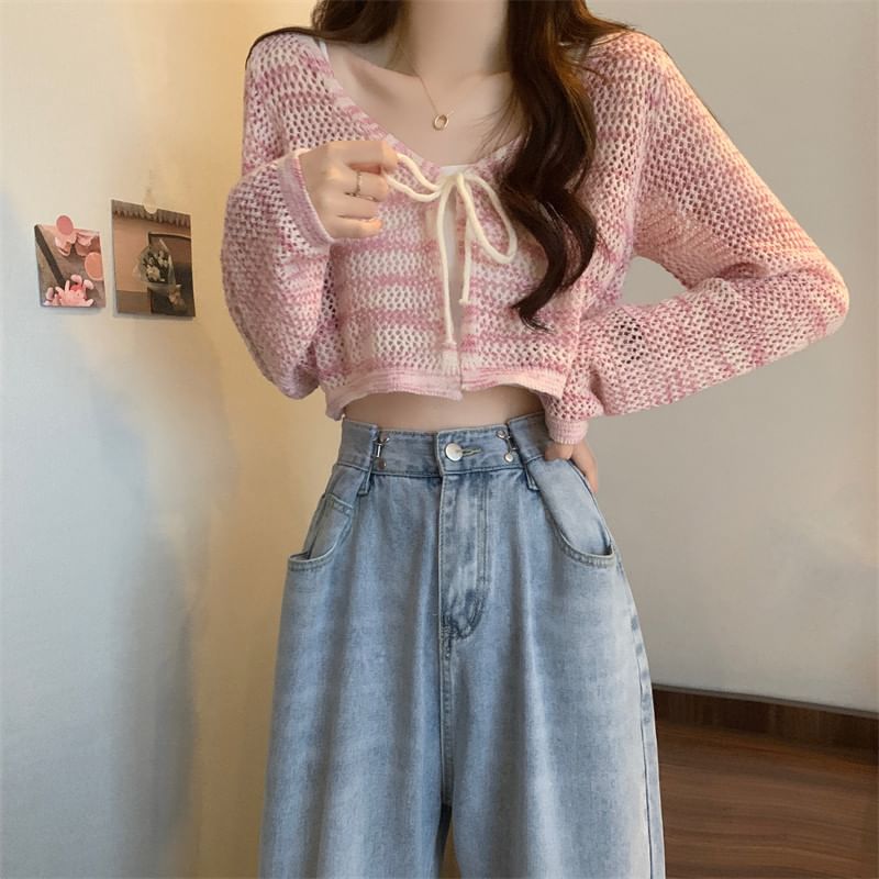 V-Neck Tie Dye Perforated Tie Front Crop Cardigan