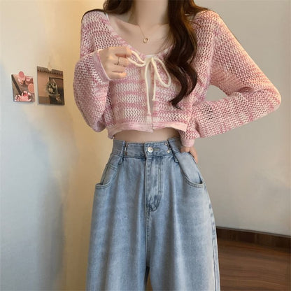 V-Neck Tie Dye Perforated Tie Front Crop Cardigan