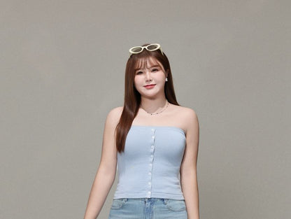Knit Tube Top, Washed Wide-Leg Jeans, and Long Sleeve Shirt