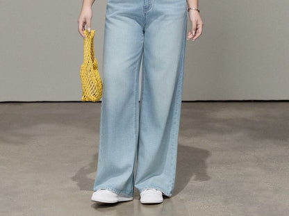 Knit Tube Top, Washed Wide-Leg Jeans, and Long Sleeve Shirt