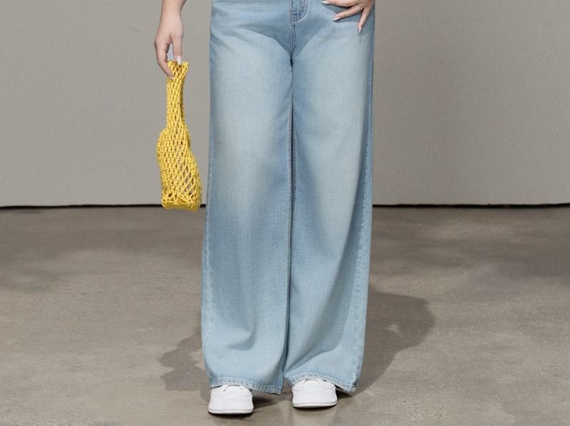 Knit Tube Top, Washed Wide-Leg Jeans, and Long Sleeve Shirt