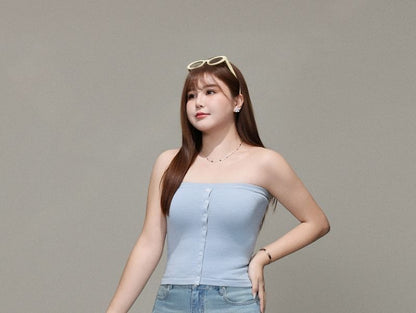 Knit Tube Top, Washed Wide-Leg Jeans, and Long Sleeve Shirt