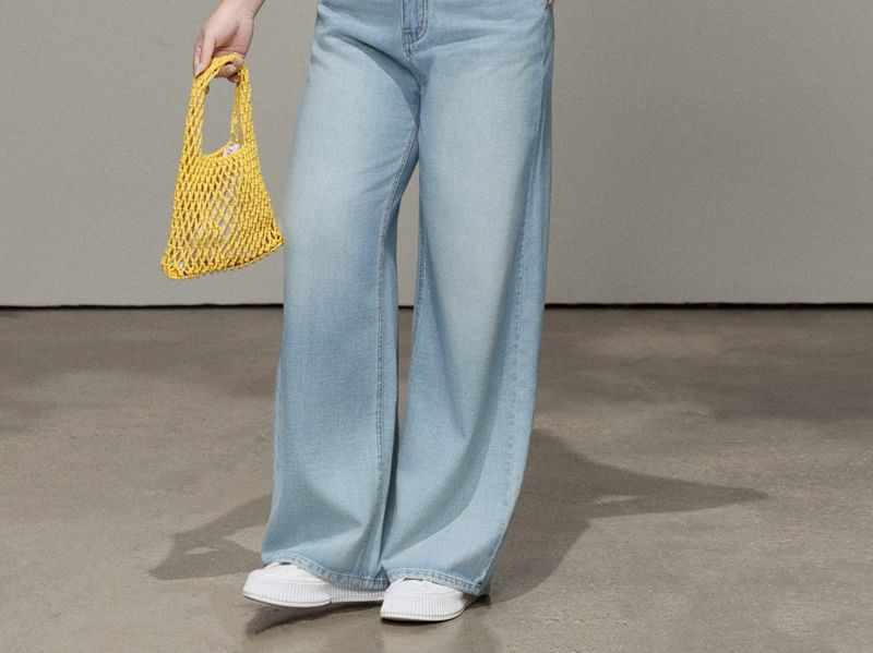 Knit Tube Top, Washed Wide-Leg Jeans, and Long Sleeve Shirt