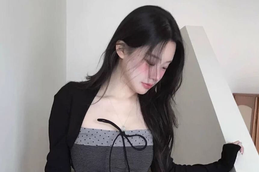Polka Dot Square Neck Long-Sleeve Panel Tee