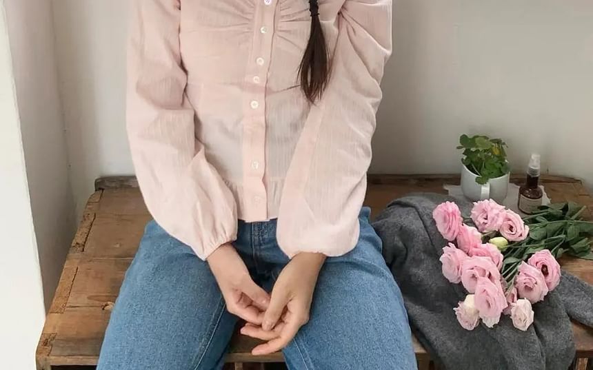 Frill Trim Ruched Button-Up Long-Sleeve Blouse