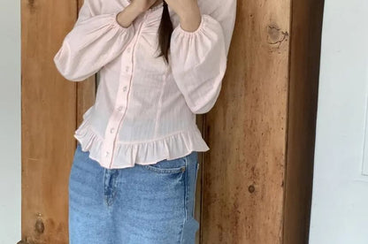 Frill Trim Ruched Button-Up Long-Sleeve Blouse