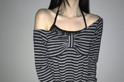 Off-Shoulder Striped Long-Sleeve Tee